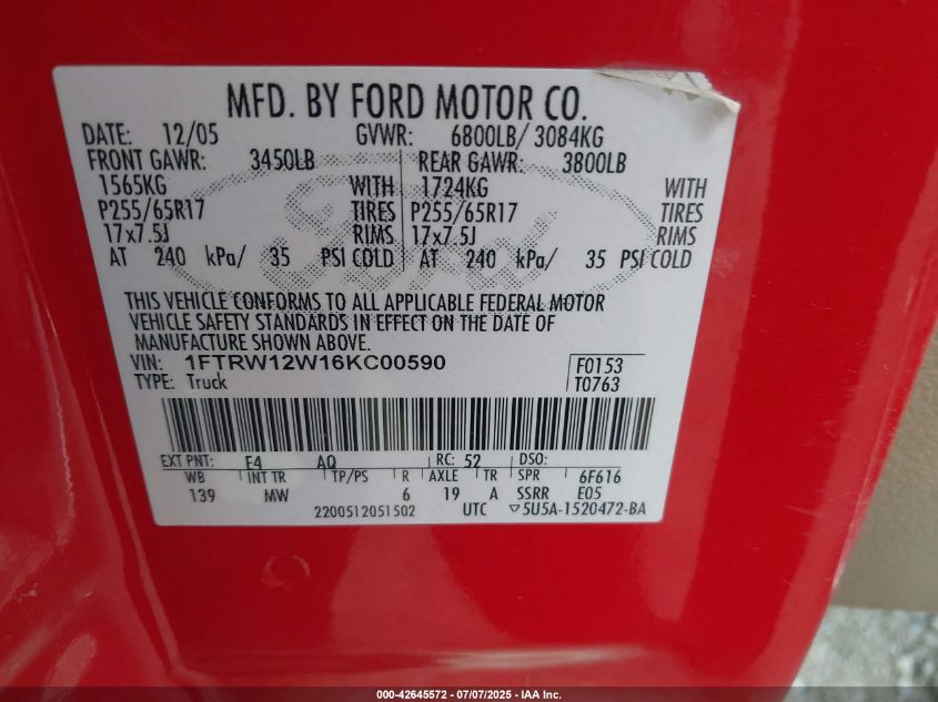 2006 Ford F-150 Xlt VIN: 1FTRW12W16KC00590 Lot: 42645572