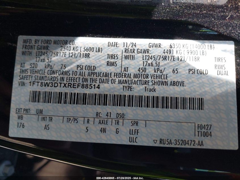 2024 Ford F-350 Xl VIN: 1FT8W3DTXREF88514 Lot: 42645865