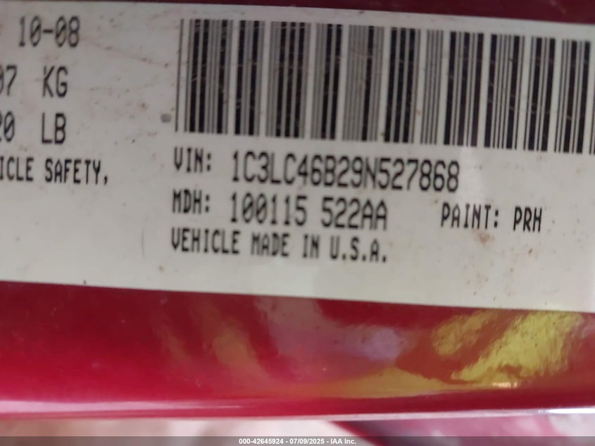 2009 CHRYSLER SEBRING VIN: 1C3LC46B29N527868