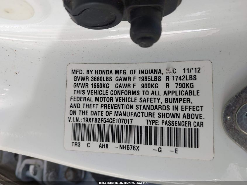 2012 Honda Civic Lx VIN: 19XFB2F54CE107017 Lot: 42646006