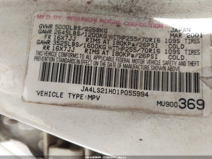 2001 Mitsubishi Montero Sport Es/Ls VIN: JA4LS21H01P055994 Lot: 42646066