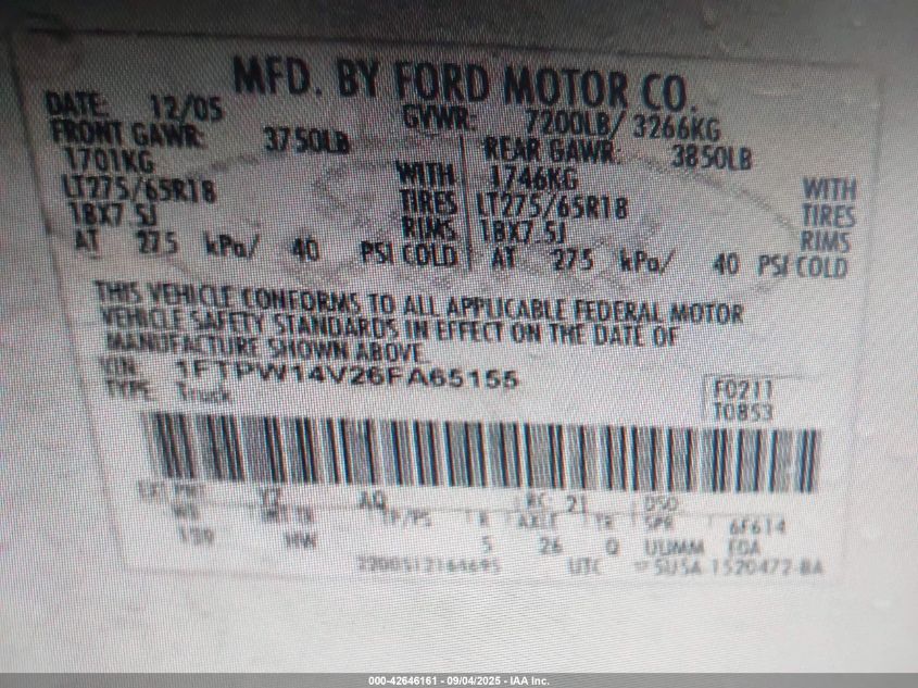 2006 Ford F-150 Fx4/Lariat/Xlt VIN: 1FTPW14V26FA65155 Lot: 42646161