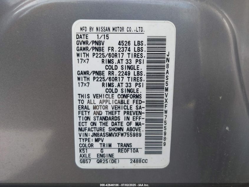 2015 Nissan Rogue Select S VIN: JN8AS5MVXFW755989 Lot: 42646186