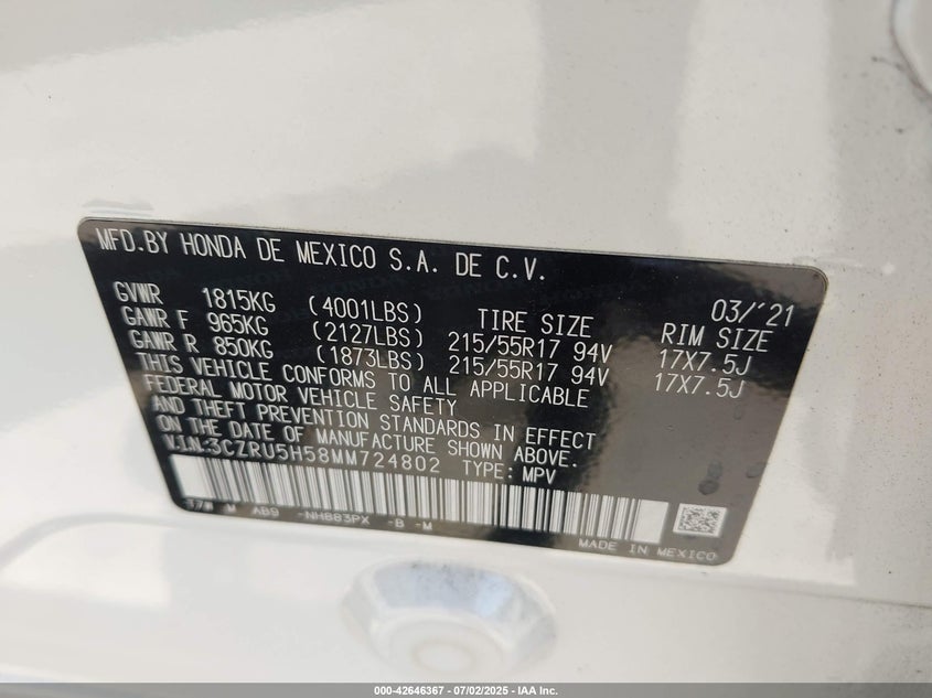 2021 HONDA HR-V 2WD EX - 3CZRU5H58MM724802