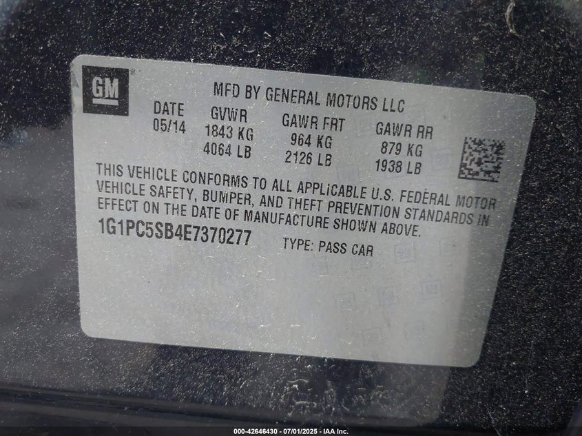 2014 CHEVROLET CRUZE VIN: 1G1PC5SB4E7370277