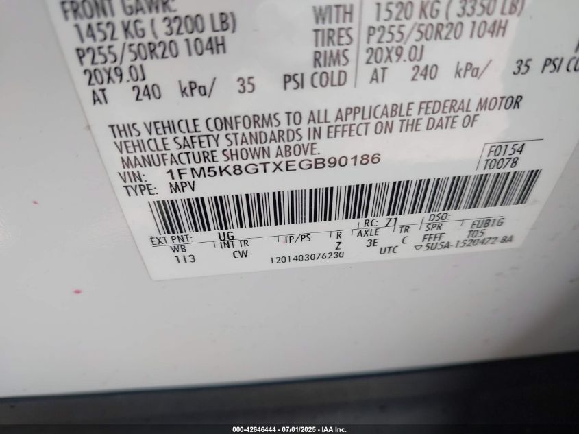 2014 Ford Explorer Sport VIN: 1FM5K8GTXEGB90186 Lot: 42646444