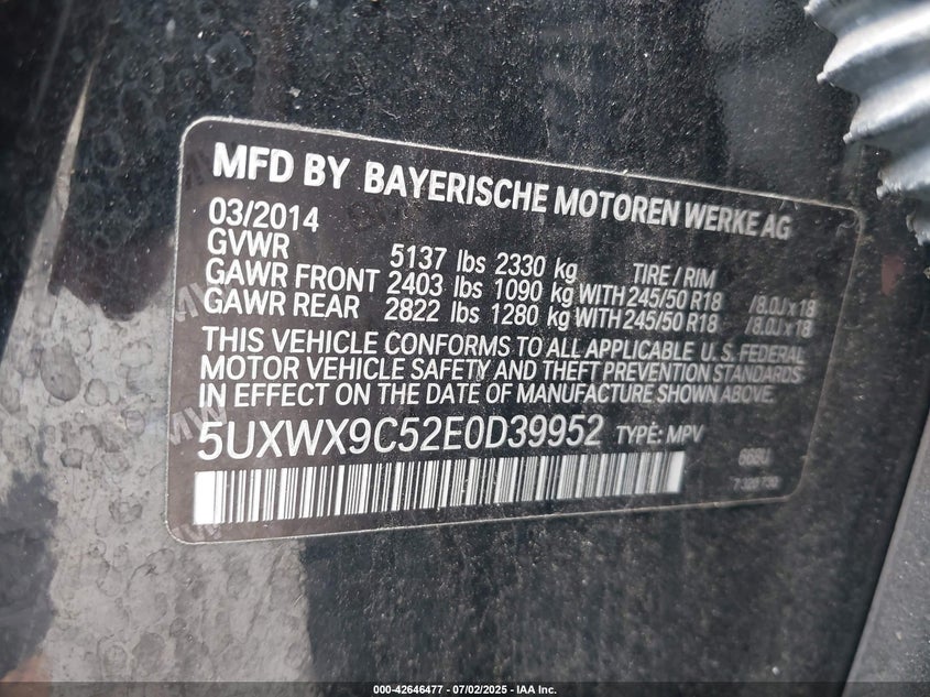 2014 BMW X3 XDRIVE28I - 5UXWX9C52E0D39952