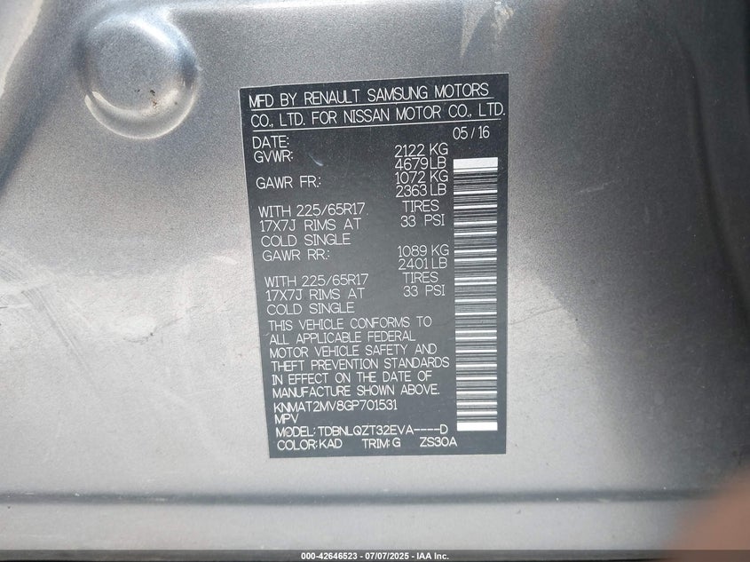 2016 NISSAN ROGUE SV - KNMAT2MV8GP701531