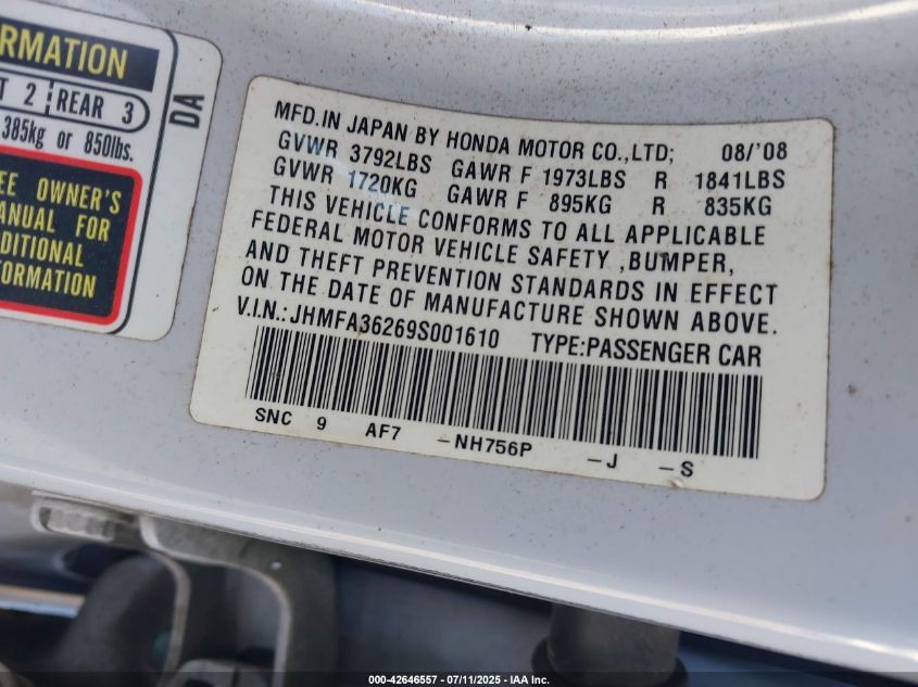 2009 Honda Civic VIN: JHMFA36269F001610 Lot: 42646557