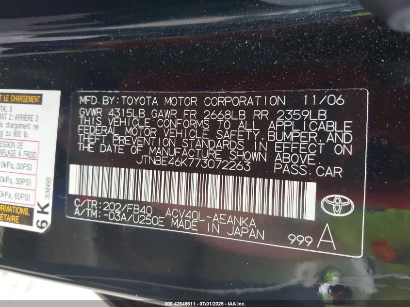 2007 Toyota Camry Le VIN: JTNBE46K773072263 Lot: 42646611