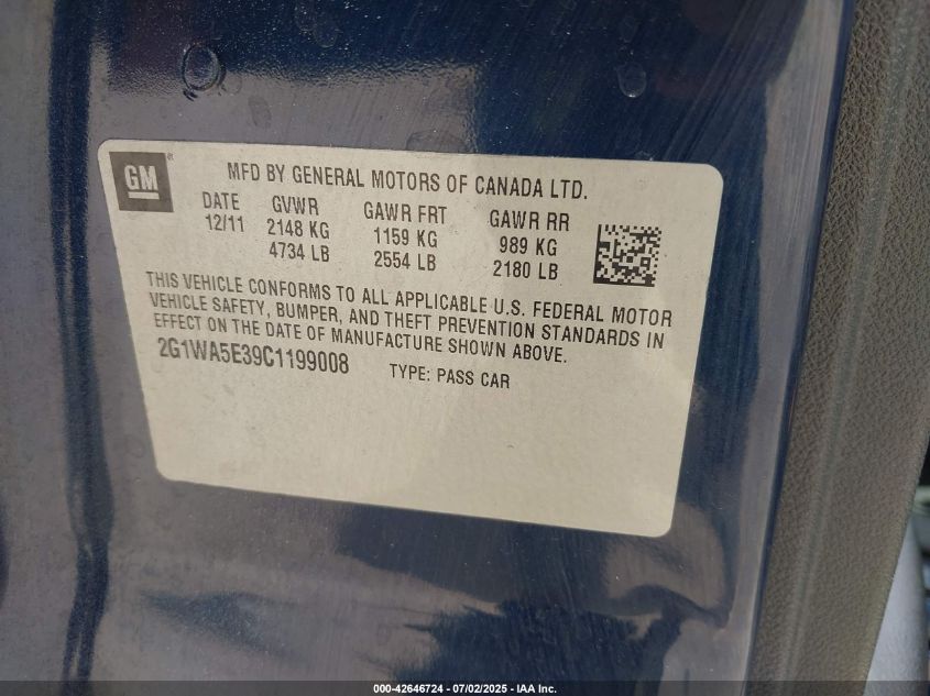 2012 Chevrolet Impala Ls VIN: 2G1WA5E39C1199008 Lot: 42646724