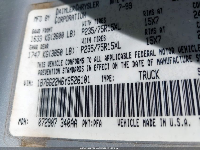 2000 Dodge Dakota Slt/Sport VIN: 1B7GG22N6YS526101 Lot: 42646766
