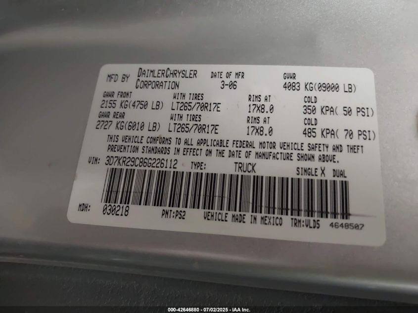 2006 Dodge Ram 2500 Laramie VIN: 3D7KR29C86G226112 Lot: 42646880