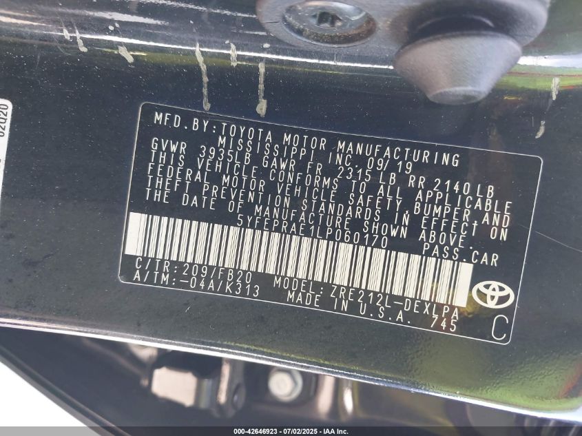 2020 Toyota Corolla Le VIN: 5YFEPRAE1LP060170 Lot: 42646923