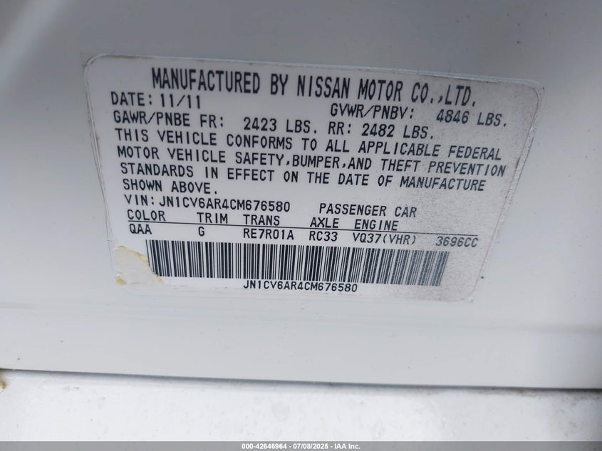 2012 INFINITI G37X VIN: JN1CV6AR4CM676580