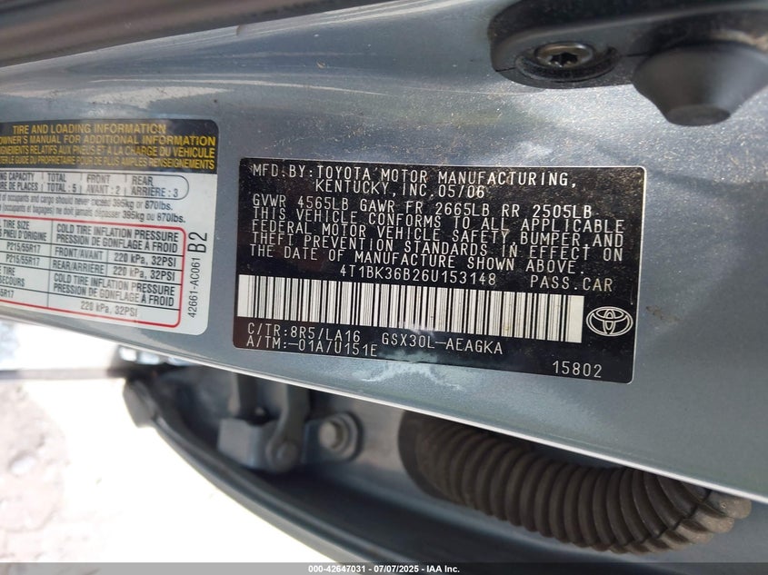 2006 TOYOTA AVALON VIN: 4T1BK36B26U153148