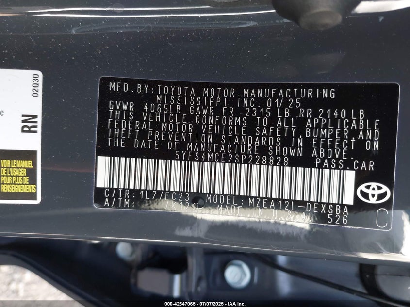 2025 TOYOTA COROLLA(VIN: 5YFS4MCE2SP228828