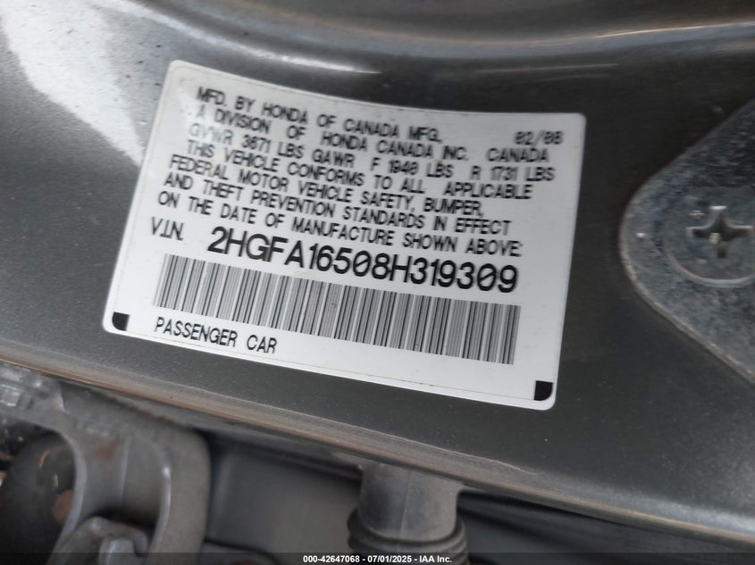 2008 HONDA CIVIC VIN: 2HGFA16508H319309