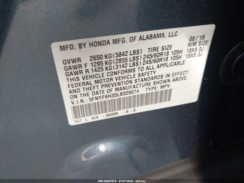 2020 HONDA PILOT AWD EX 5FNYF6H35LB009074