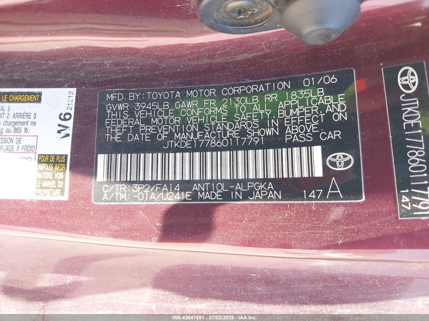 2006 SCION TC VIN: JTKDE177860117791