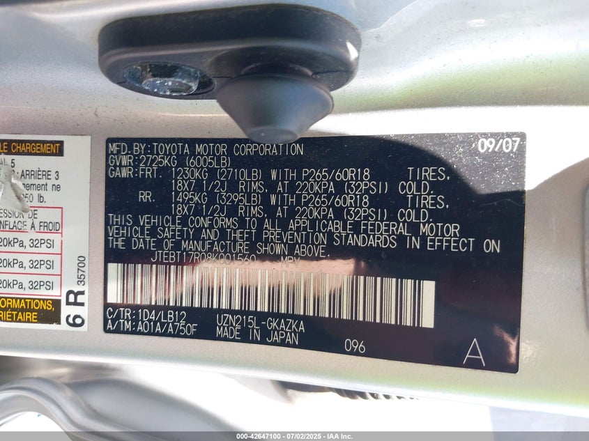2008 TOYOTA 4RUNNER VIN: JTEBT17R08K001560
