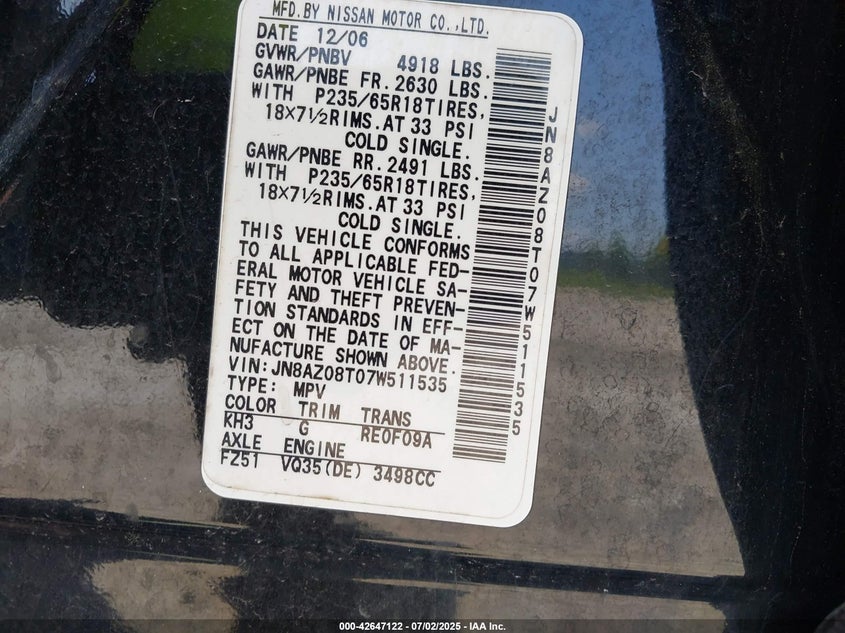 2007 Nissan Murano VIN: JN8AV08T07W511535 Lot: 42647122