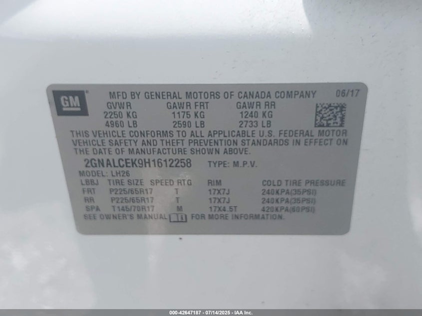 2017 CHEVROLET EQUINOX VIN: 2GNALCEK9H1612258