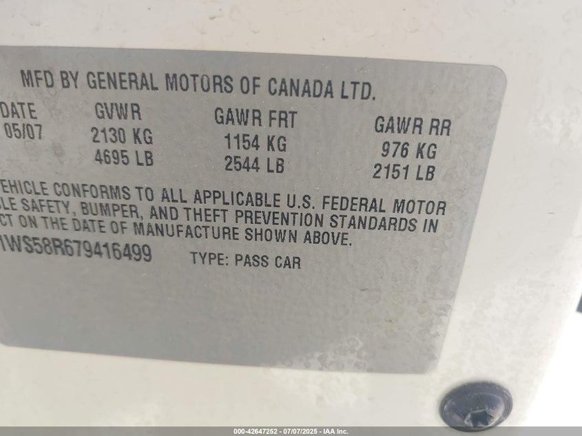 2007 CHEVROLET IMPALA VIN: 2G1WS58R679416499