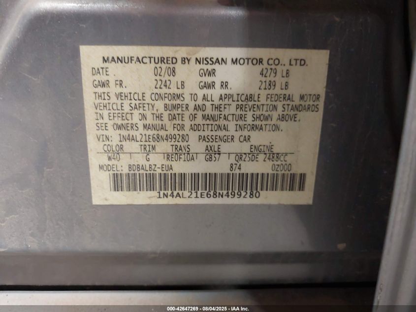2008 Nissan Altima 2.5 S VIN: 1N4AL21E68N499280 Lot: 42647269