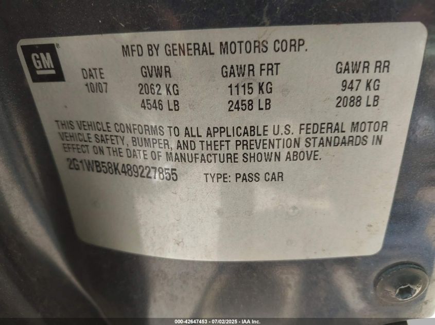 2008 Chevrolet Impala Ls VIN: 2G1WB58K489227855 Lot: 42647453