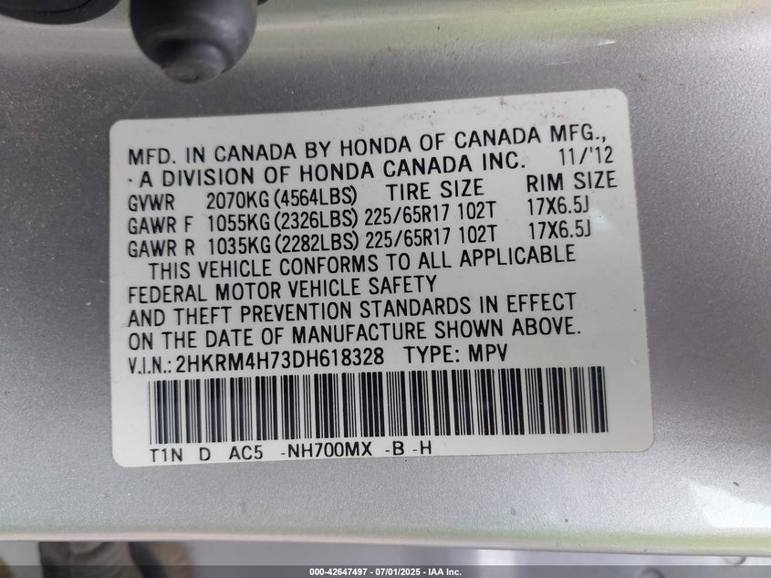 2013 HONDA CR-V VIN: 2HKRM4H73DH618328