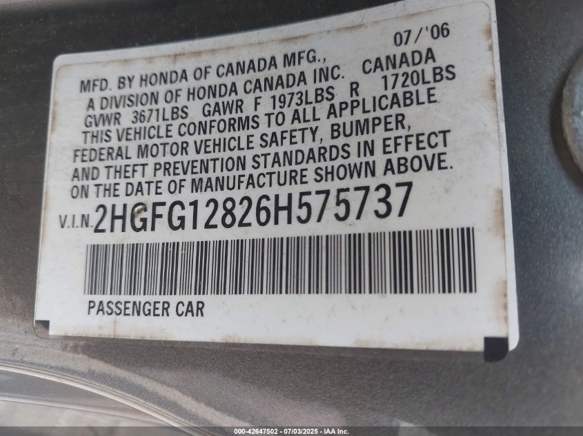 2006 Honda Civic Ex VIN: 2HGFG12826H575737 Lot: 42647502