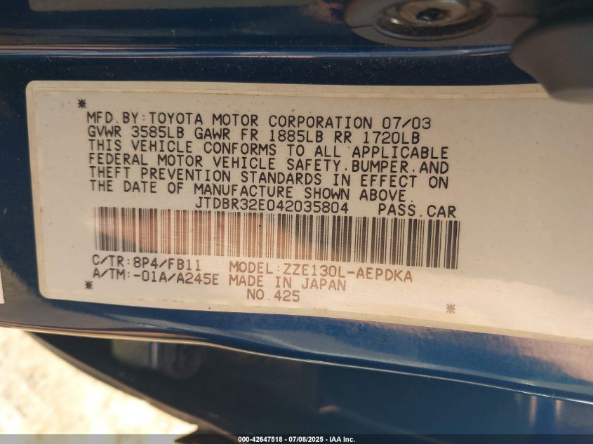 2004 Toyota Corolla Ce VIN: JTDBR32E042035804 Lot: 42647518