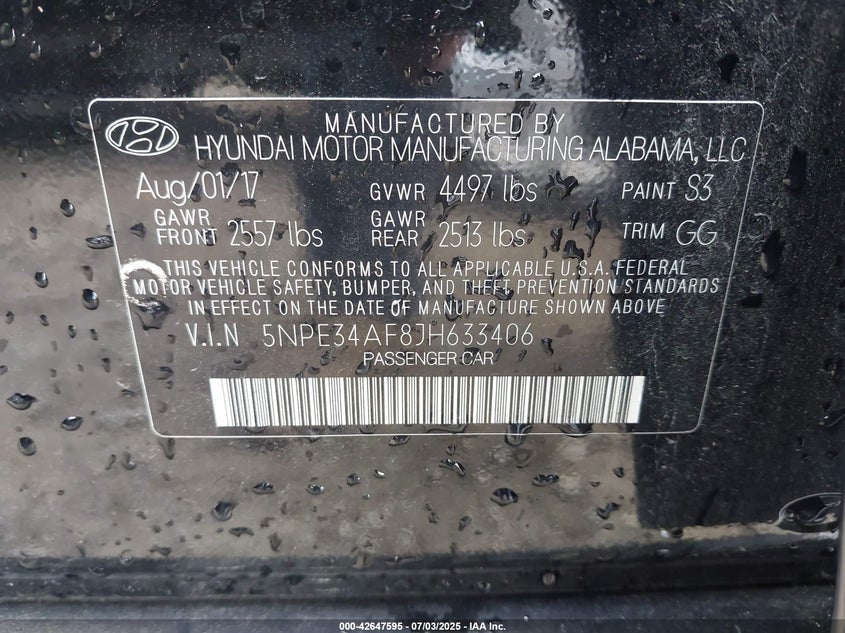 VIN 5NPE34AF8JH633406 2018 HYUNDAI SONATA SEL