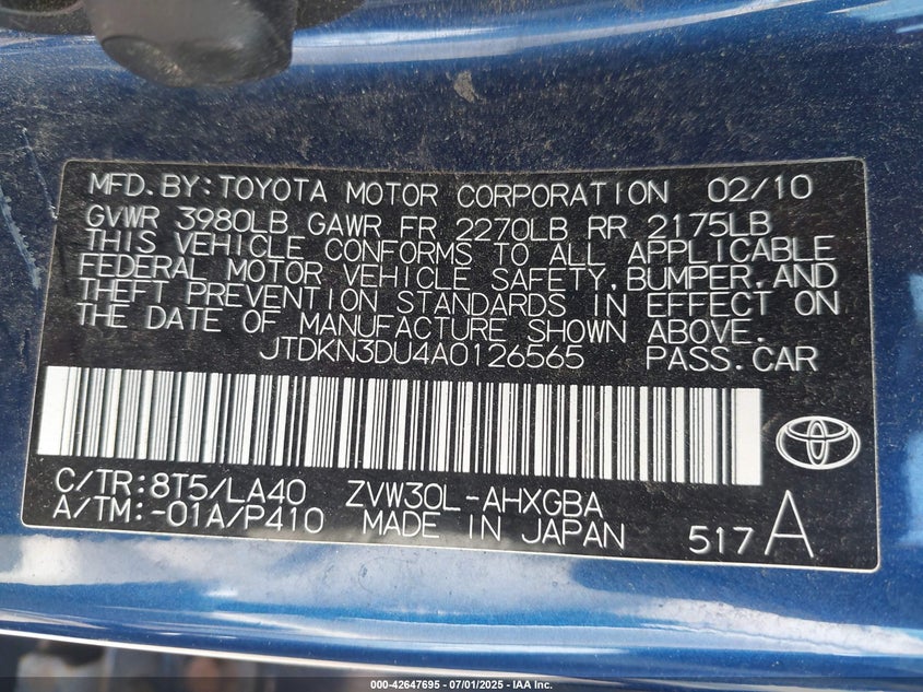 2010 TOYOTA PRIUS VIN: JTDKN3DU4A0126565