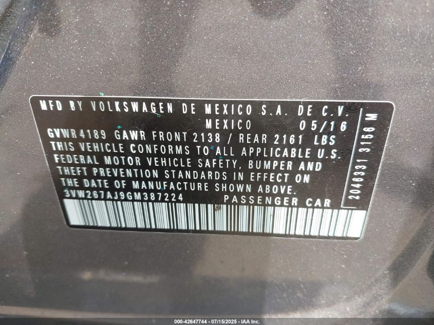 2016 Volkswagen Jetta 1.4T S VIN: 3VW267AJ9GM387224 Lot: 42647744