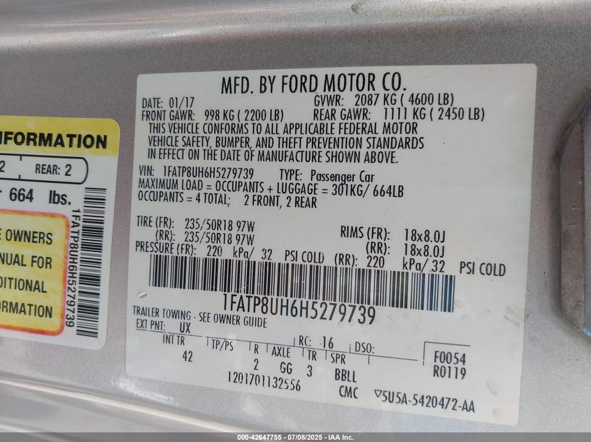 2017 FORD MUSTANG ECOBOOST PREMIUM - 1FATP8UH6H5279739