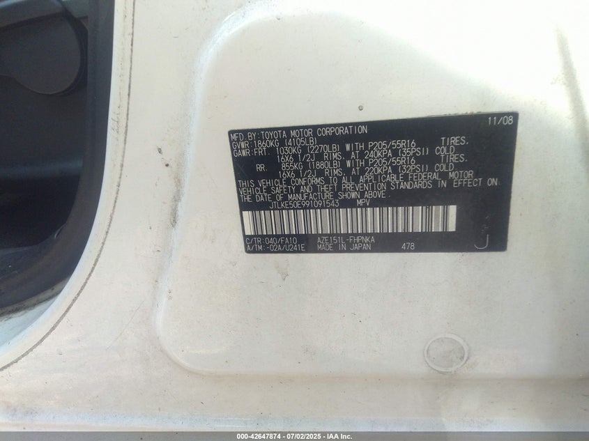 2009 TOYOTA SCION VIN: JTLKE50E991091543
