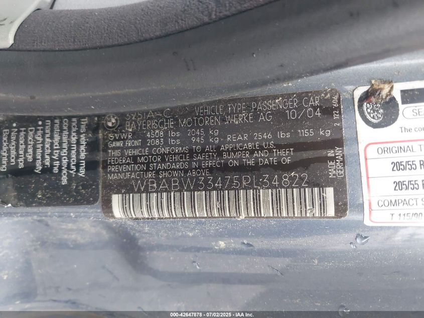 2005 BMW 325Ci VIN: WBABW33475PL34822 Lot: 42647878