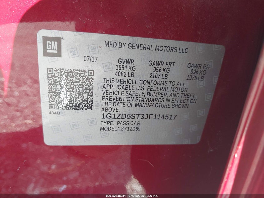 2018 CHEVROLET MALIBU VIN: 1G1ZD5ST3JF114517