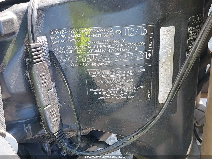 2015 BMW F800 R VIN: WB10B1406FZC97421 Lot: 42648175