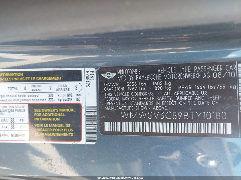 2011 Mini Cooper S VIN: WMWSV3C59BTY10180 Lot: 43396165