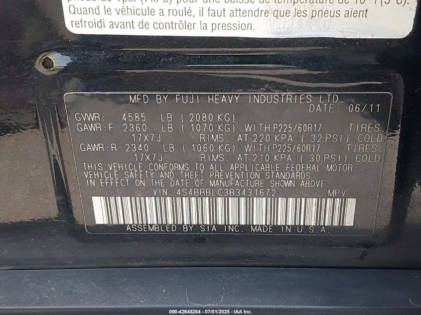 2011 Subaru Outback 2.5I Limited VIN: 4S4BRBLC3B3431672 Lot: 42648284