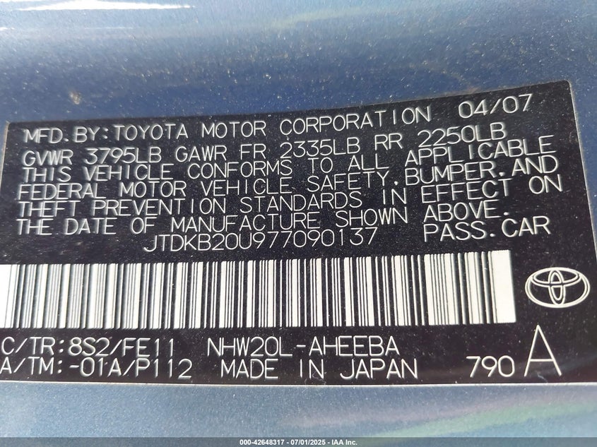 2007 TOYOTA PRIUS VIN: JTDKB20U977090137