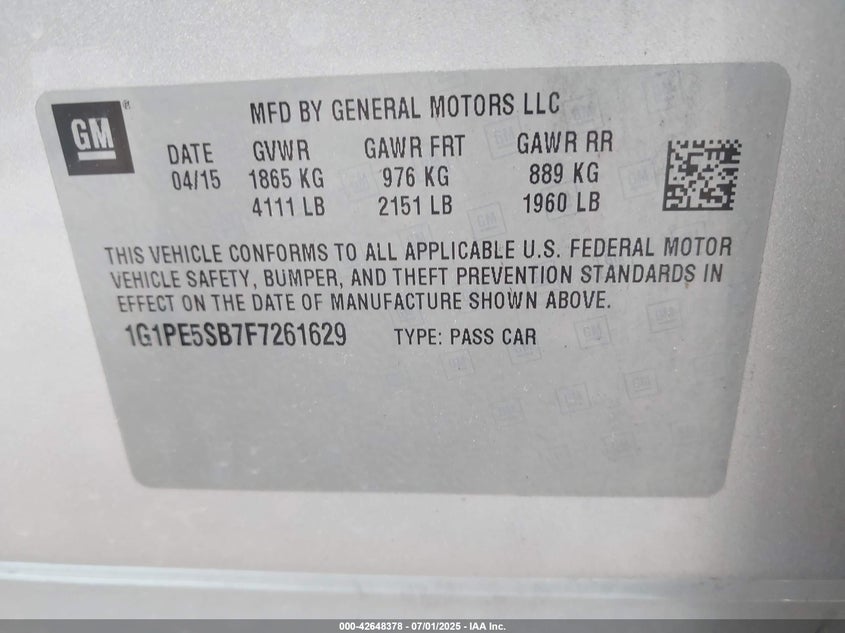 2015 CHEVROLET CRUZE VIN: 1G1PE5SB7F7261629