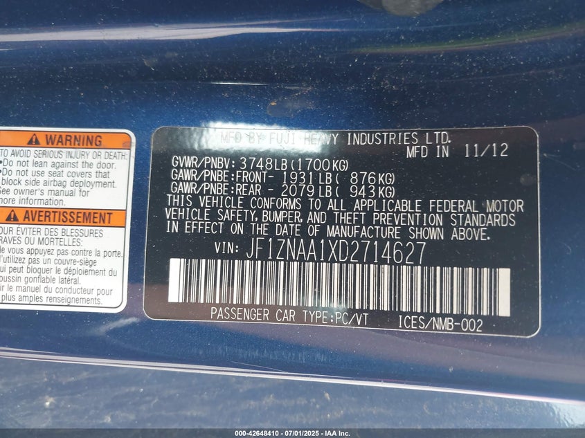 2013 SCION FR-S VIN: JF1ZNAA1XD2714627