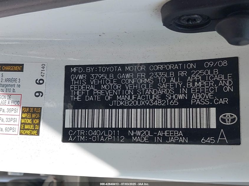 2009 Toyota Prius Touring VIN: JTDKB20UX93482165 Lot: 42648413