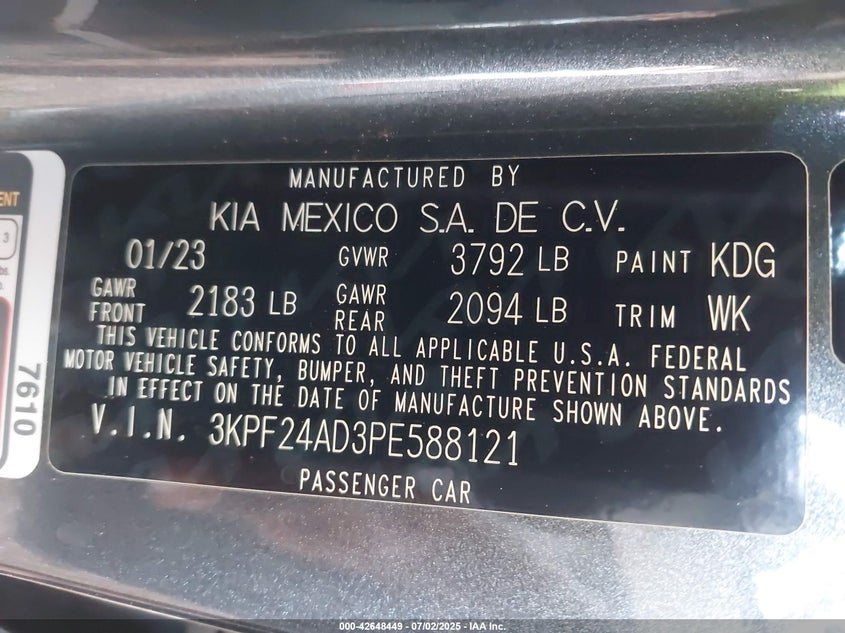 2023 KIA FORTE VIN: 3KPF24AD3PE588121