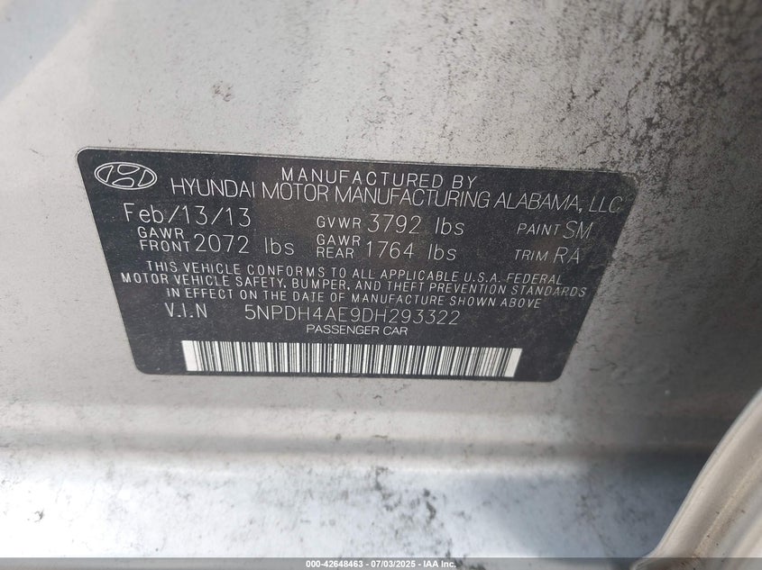 2013 HYUNDAI ELANTRA VIN: 5NPDH4AE9DH293322