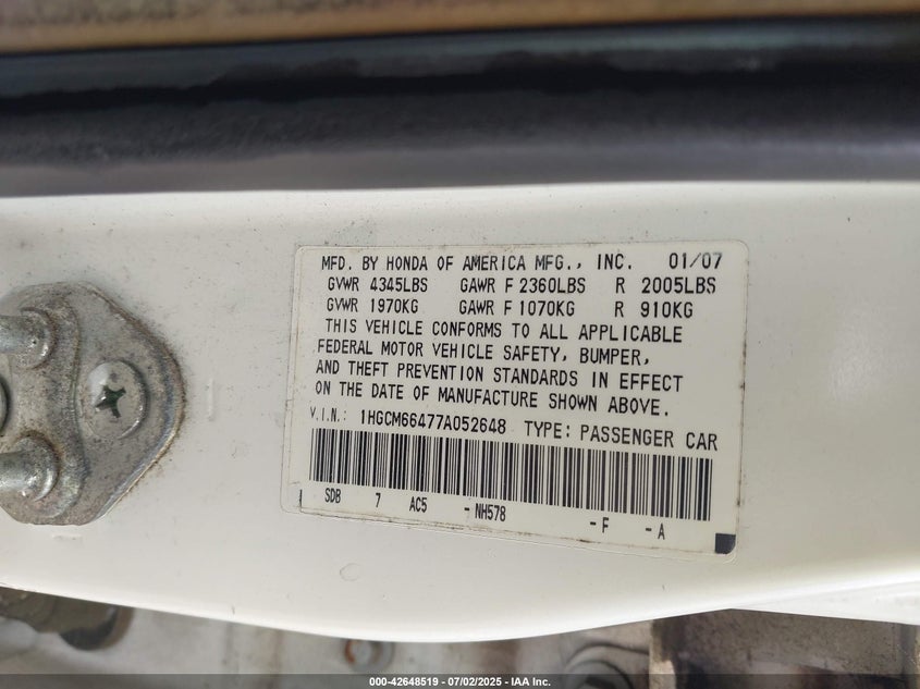 2007 HONDA ACCORD VIN: 1HGCM66477A052648